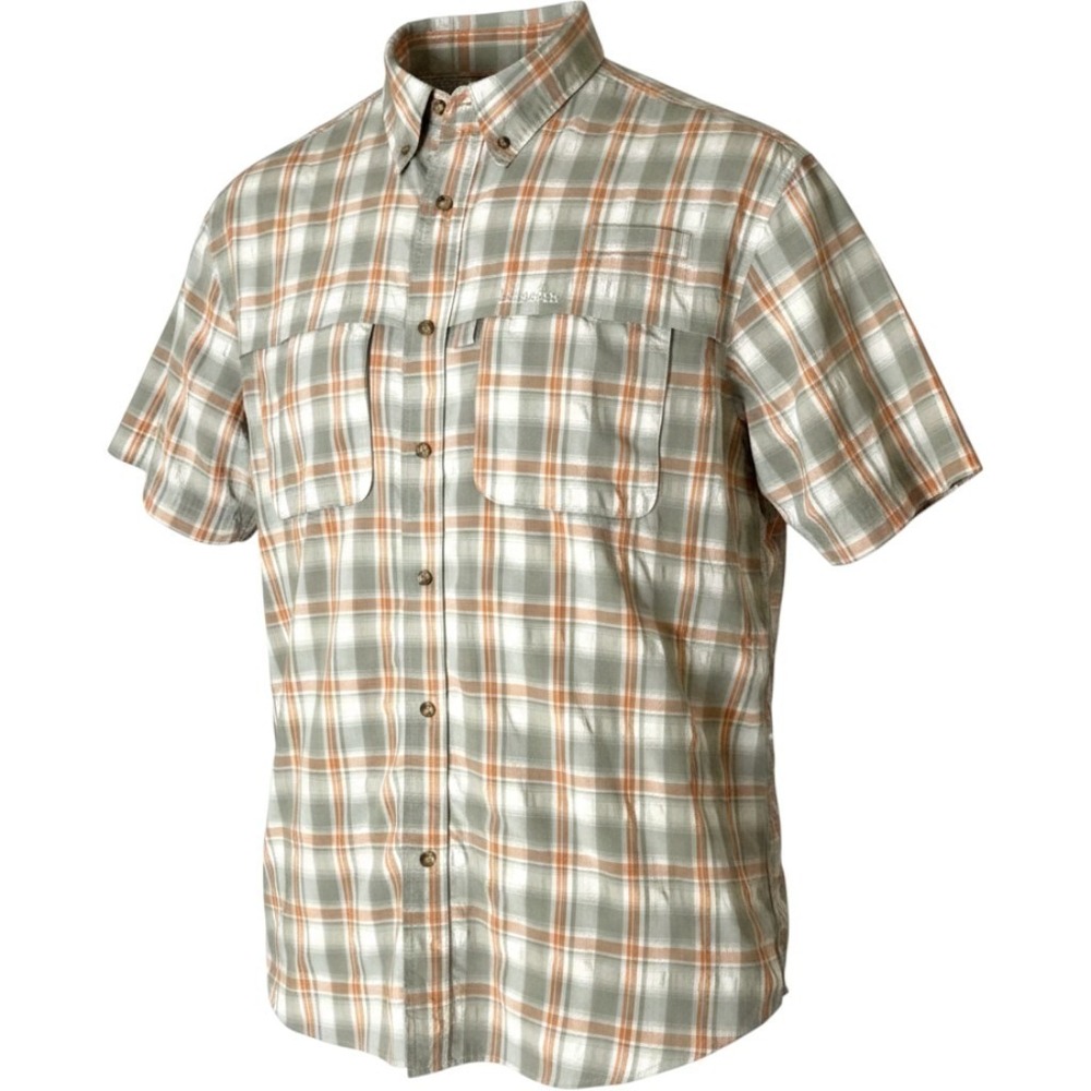 LL Bean Mens XL Fishing Shirt Short Sleeve Plaid Grey Orange Ventilated 255095